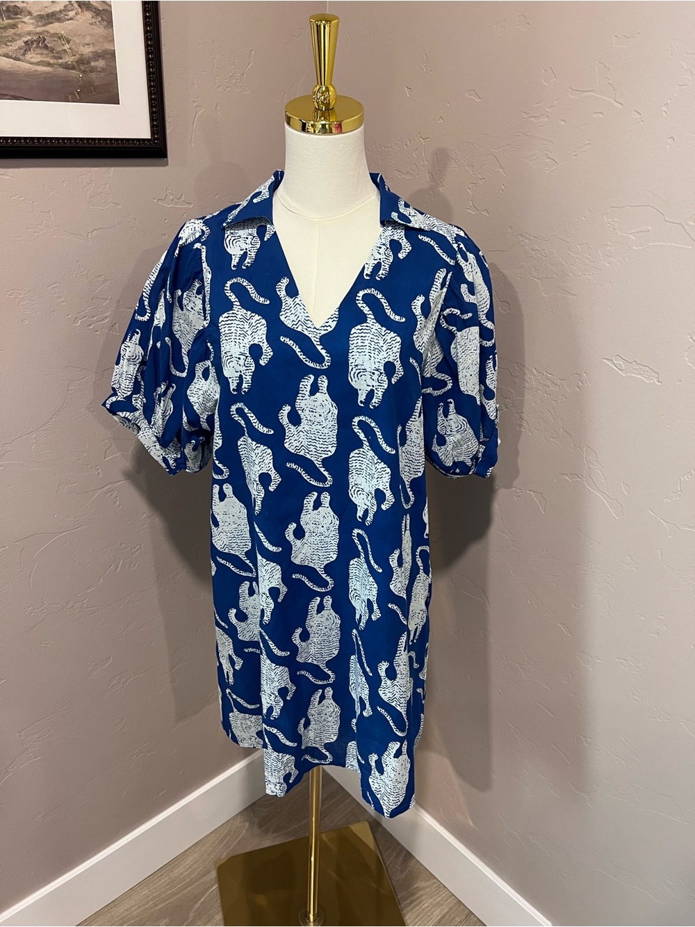 Anna Cate Blue Carter Dress in Royal Blue with White Abstract Tiger Print. NWT